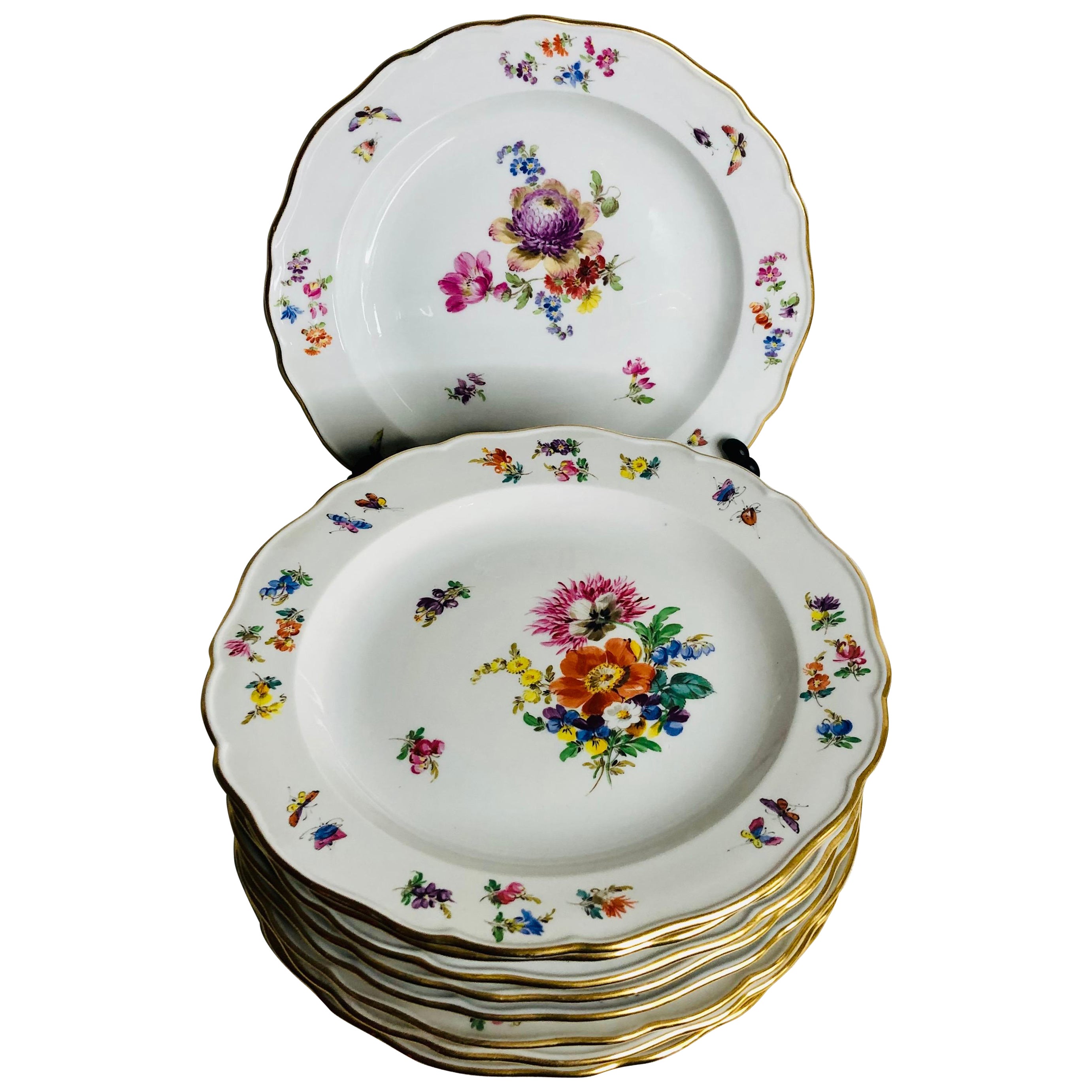 Set of 12 Meissen Luncheon Plates Each Painted with a Different Flower Bouquet