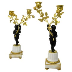 Antique Pair Gilt Bronze Ormolu Marble Twin Light Candelabra Clodion Grand Tour