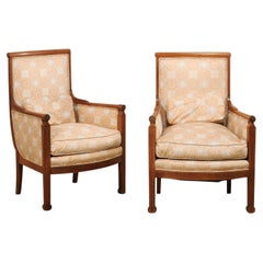 French Pair of Carved-Wood & Upholstered Square-Back Armchairs, Mid 20th Century