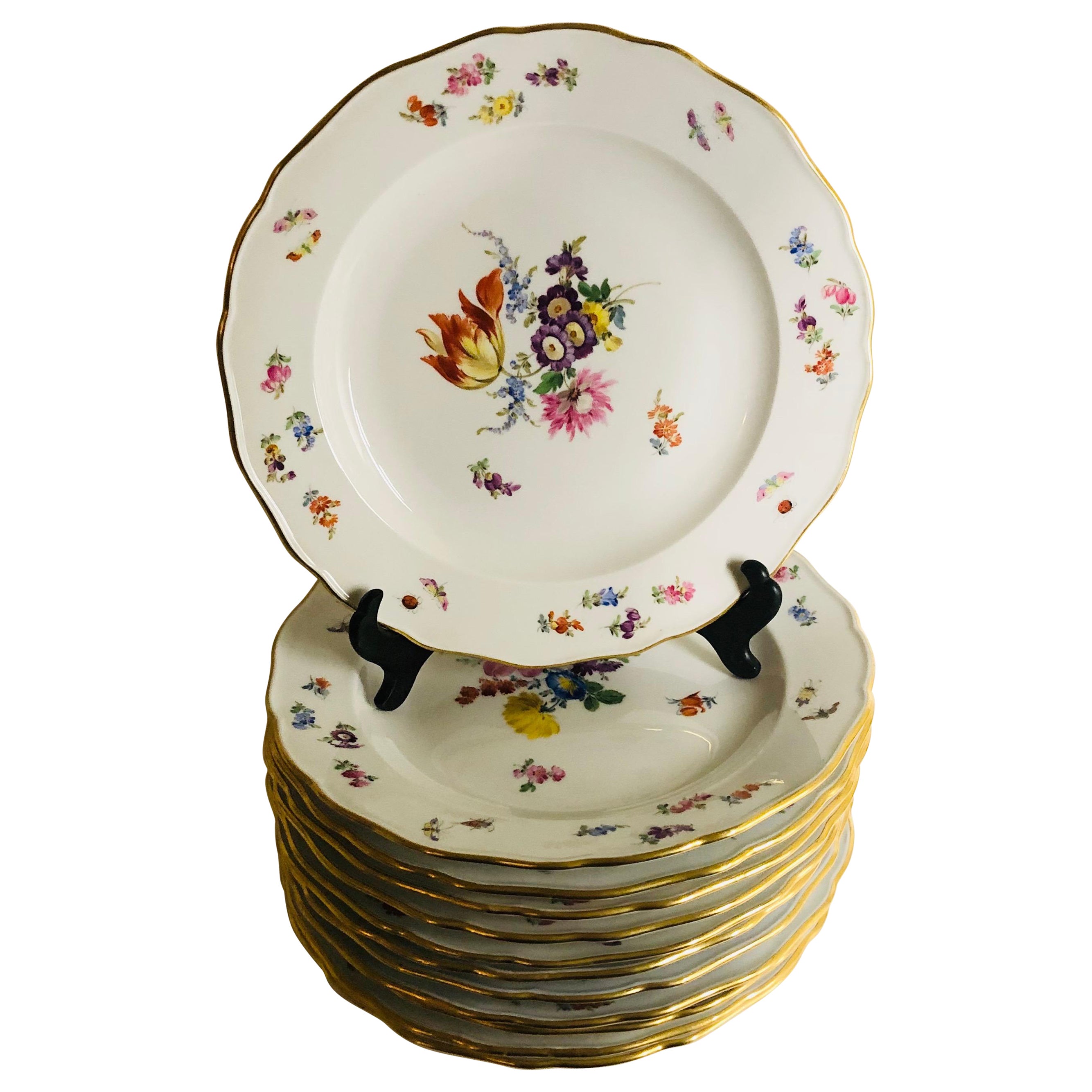 Set of 12 Meissen Dinner Plates Each Painted with a Different Bouquet of Flowers