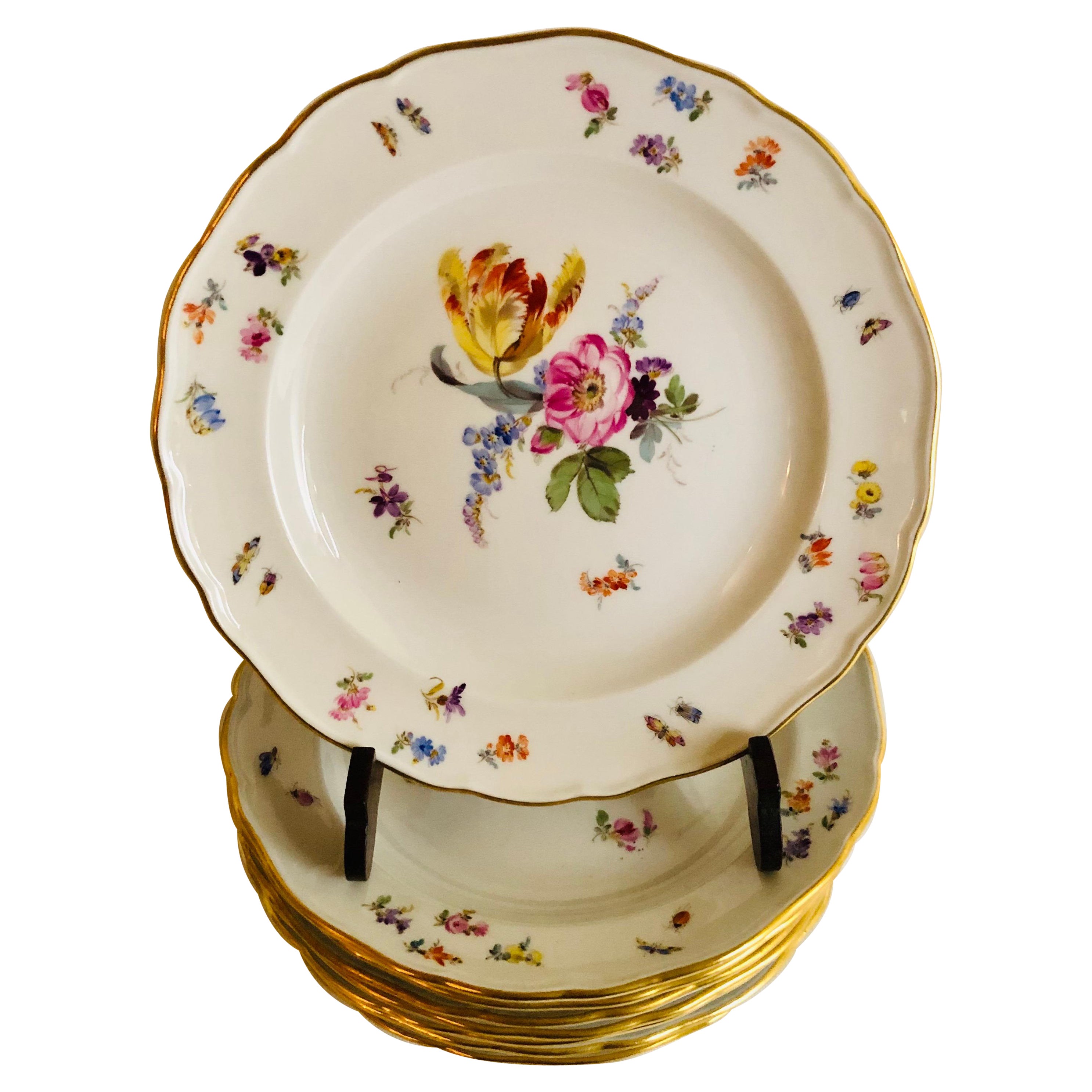 Set of Eight Meissen Dessert Plates Each Painted with a Different Flower Bouquet