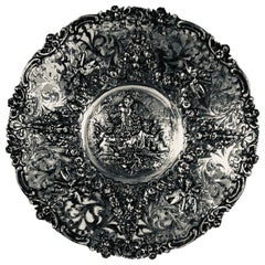 Antique 800 Silver Bowl with 4 Cherubs in the Center & Garlands of Flowers & Birds