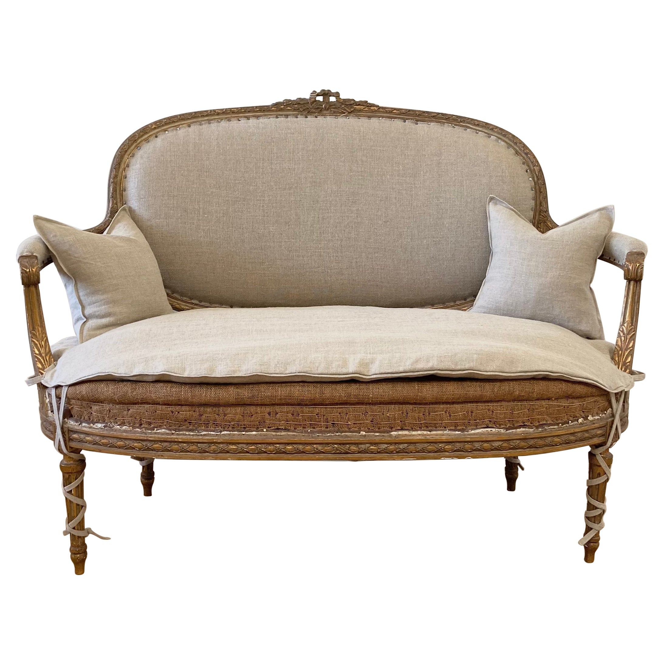 Antique Gilt Wood French Louis XVI Style Open Arm Settee