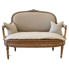 Antique Gilt Wood French Louis XVI Style Open Arm Settee