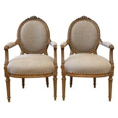 Vintage Pair of Gilt Wood Open Arm Chairs Upholstered in Natural Linen