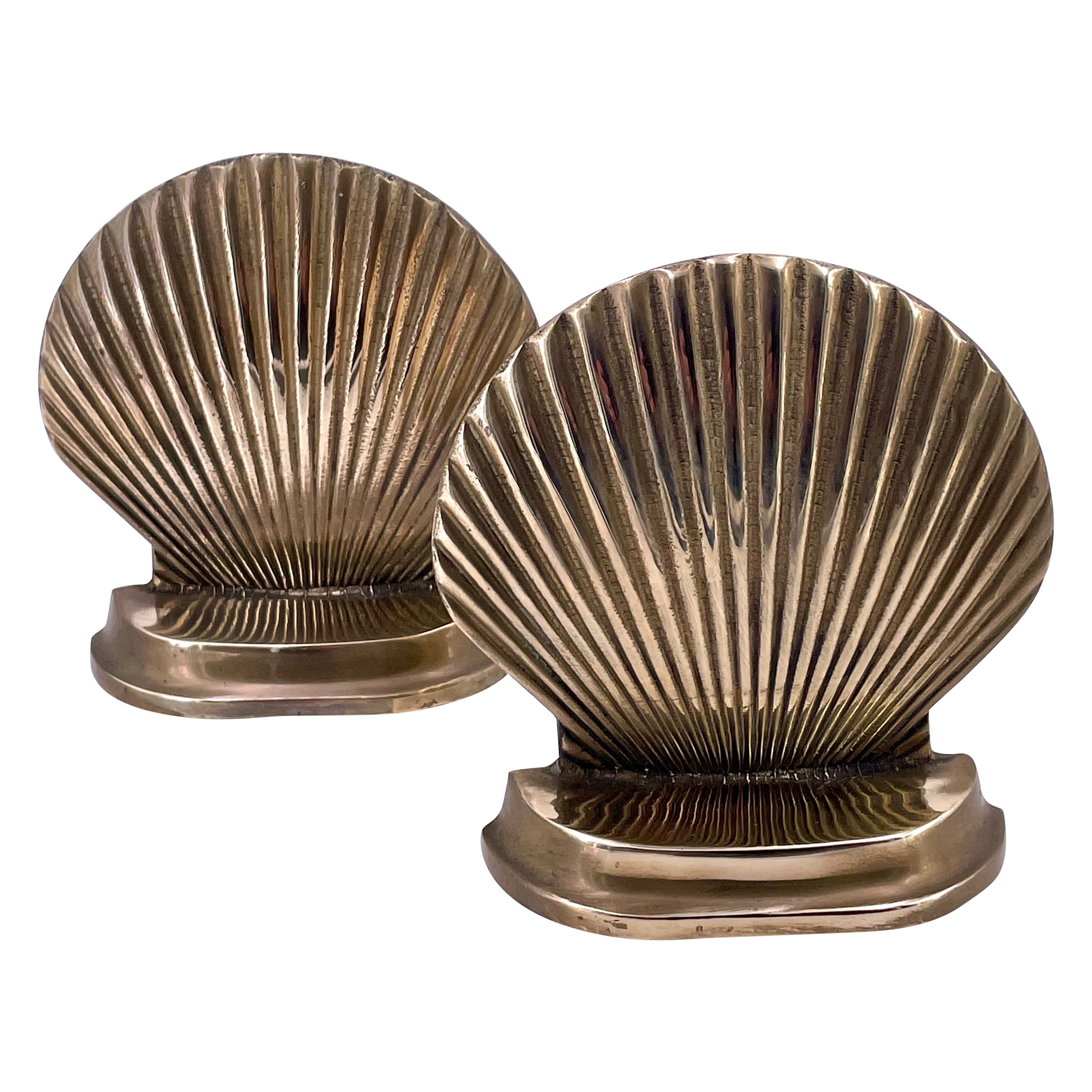 Vintage Hollywood Regency Polished Brass Sea Shell Sculpture Pair of Bookends