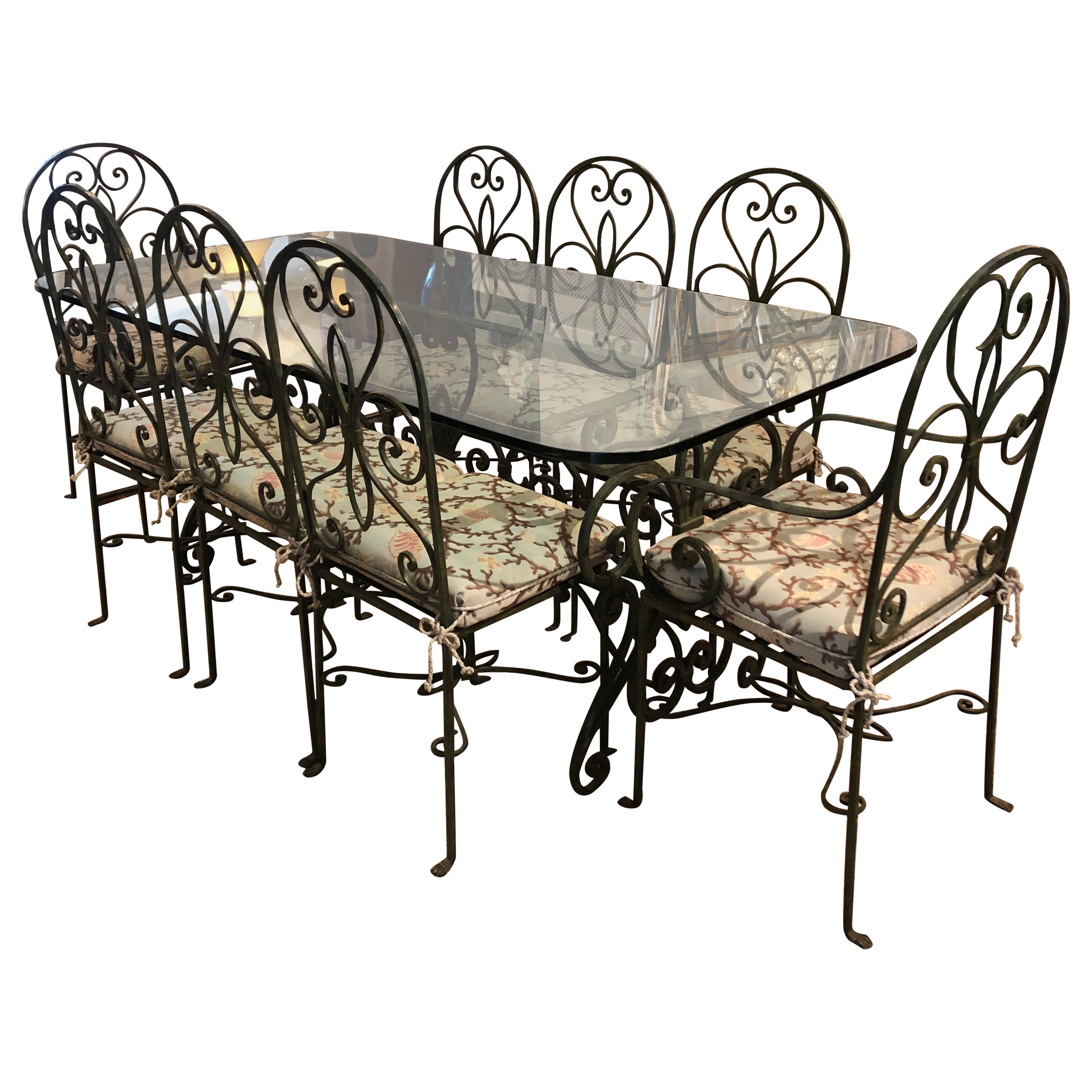 to Die for Very Large Wrought Iron and Glass Dining Table with 8 Matching Chairs