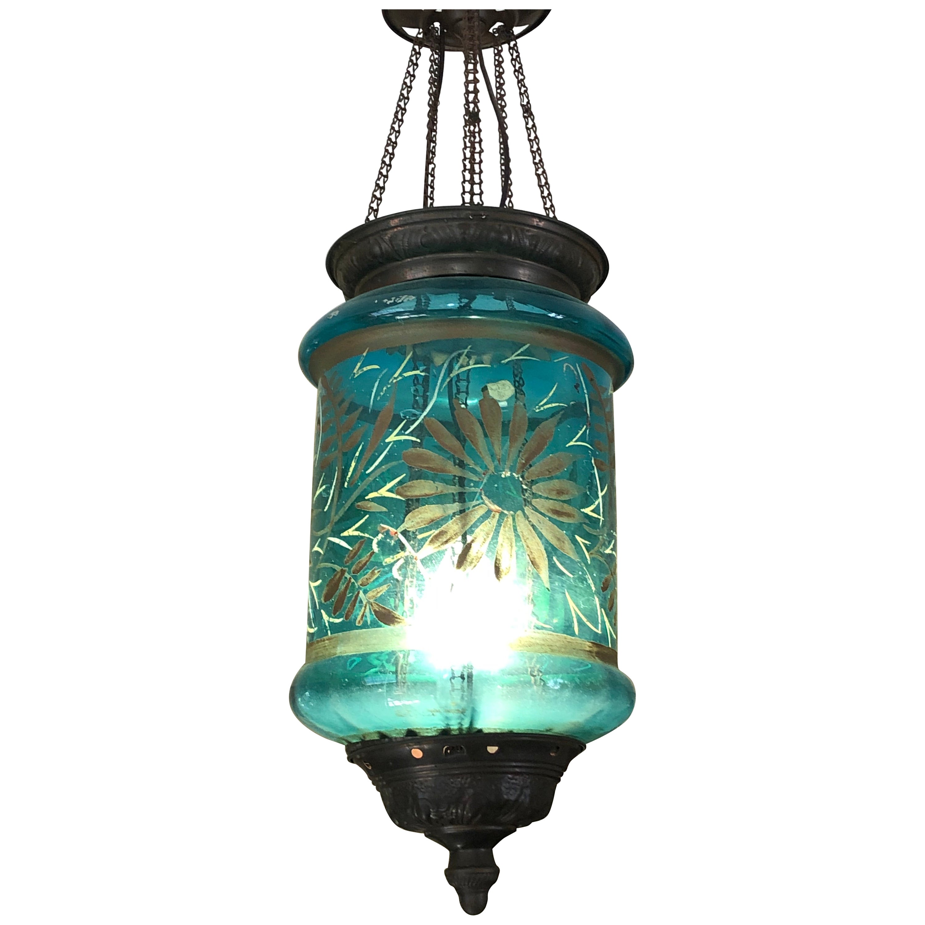 Beautiful Vintage Turquoise Etched Glass Cylindrical Lantern For Sale