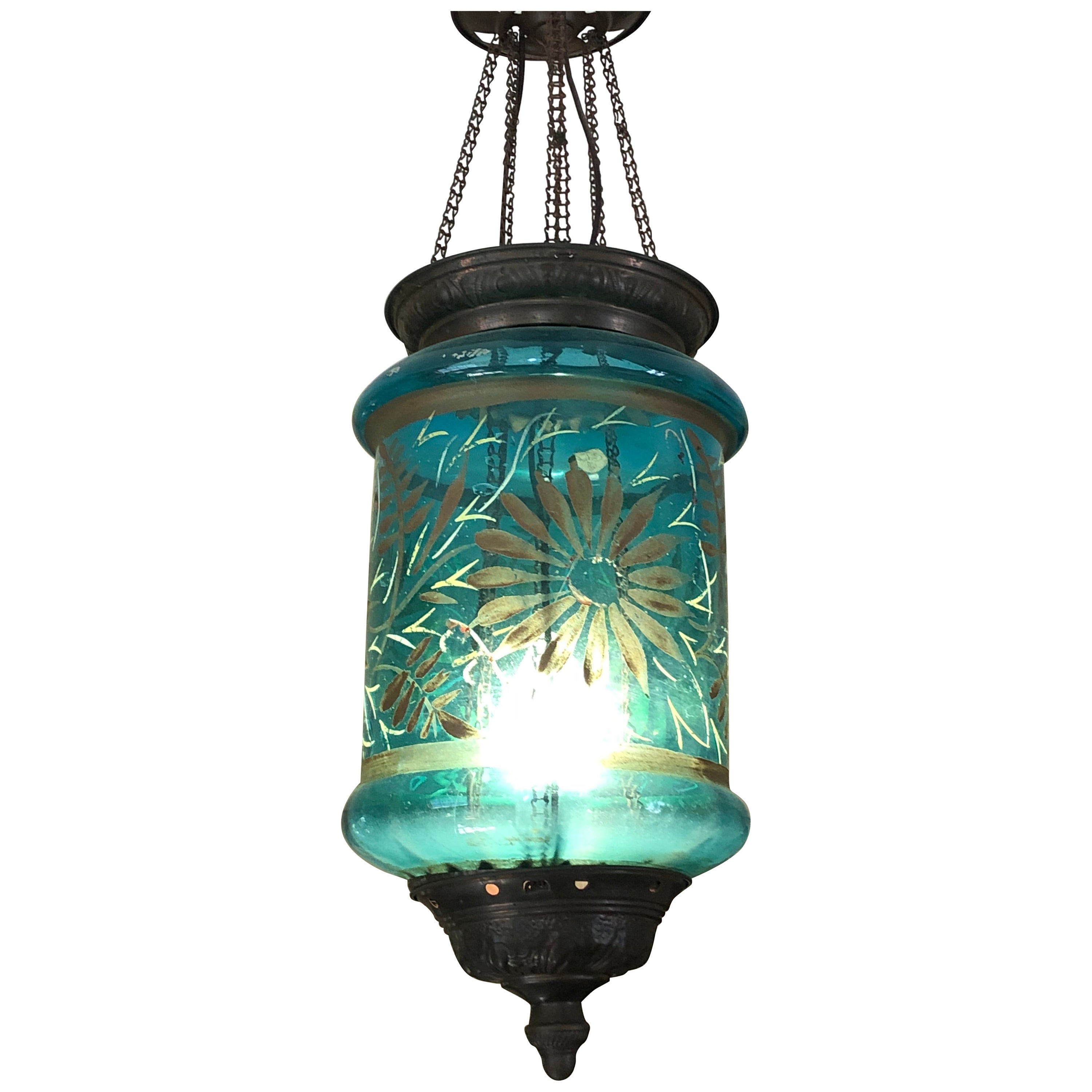 Elegant Large Antique Glass Hurricane Style Lantern Chandelier at