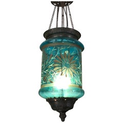 Beautiful Vintage Turquoise Etched Glass Cylindrical Lantern