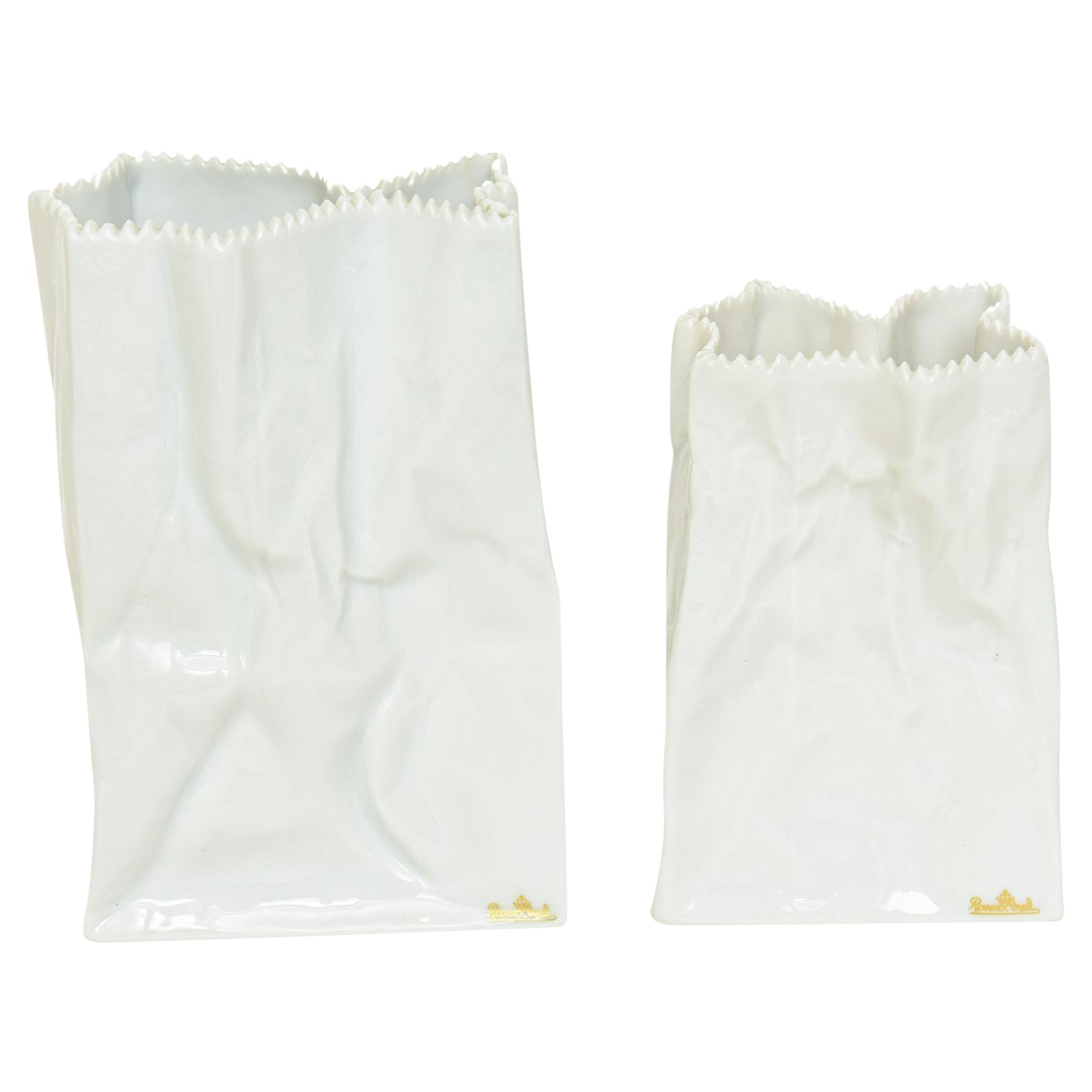 Rosenthal Vintage White Glazed Ceramic Crushed Do Not Litter Bags Signed Pair of