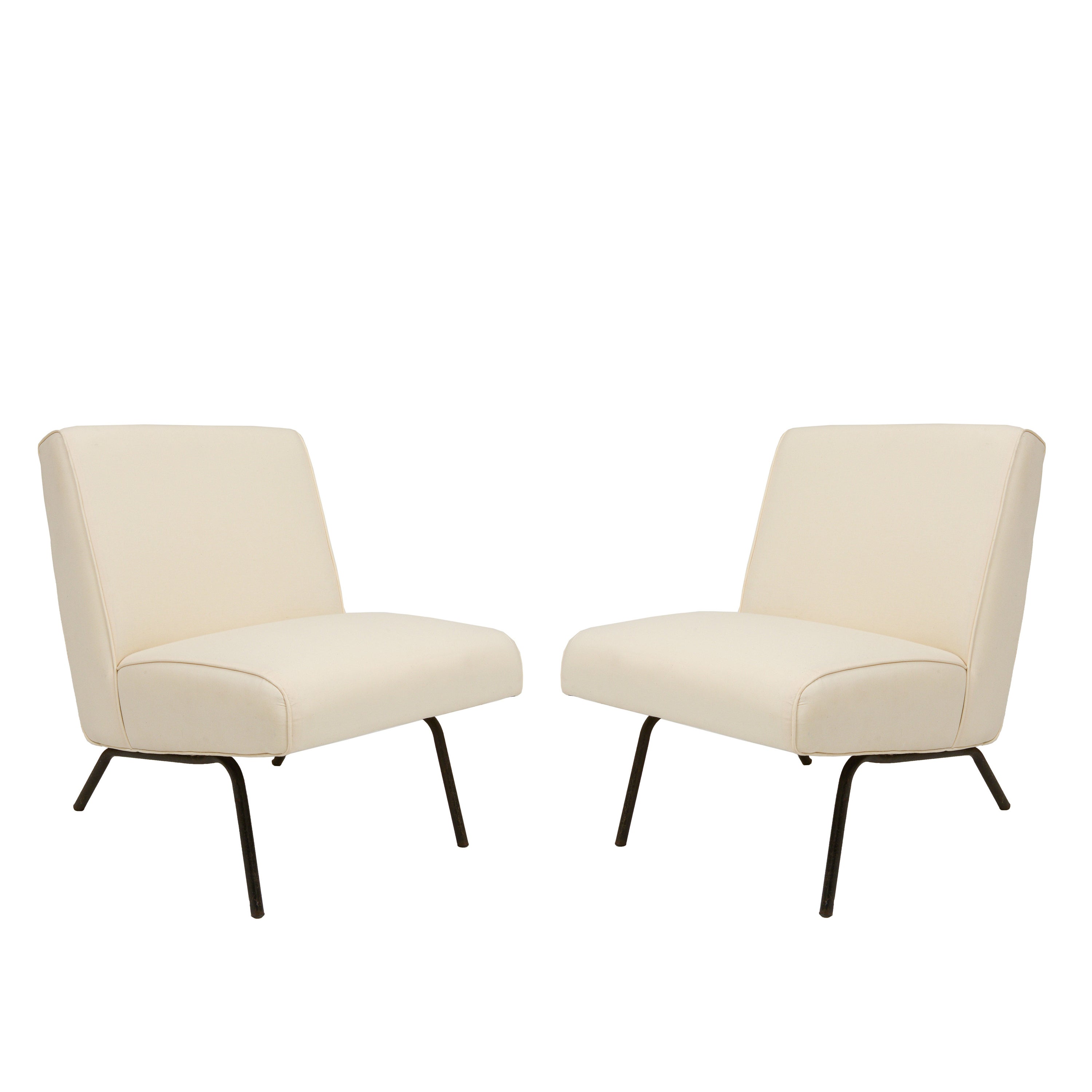 Joseph Andre Motte white chair with iron legs, France 1960.
Beautiful and elegant pair of chairs. Chic and sophisticate. Trademark legs of Joseph Andre Motte. One of the premier designers of the modern French movement. Comfortable and stable.

Price