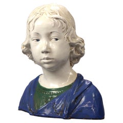 Antique Neoclassical Polychromed Terra Cotta Sculpture Bust of Child, 1910