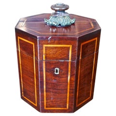 Antique English XVIII Octagonal Mahogany Tea Caddy with Satinwood Inlay and Brass Knob