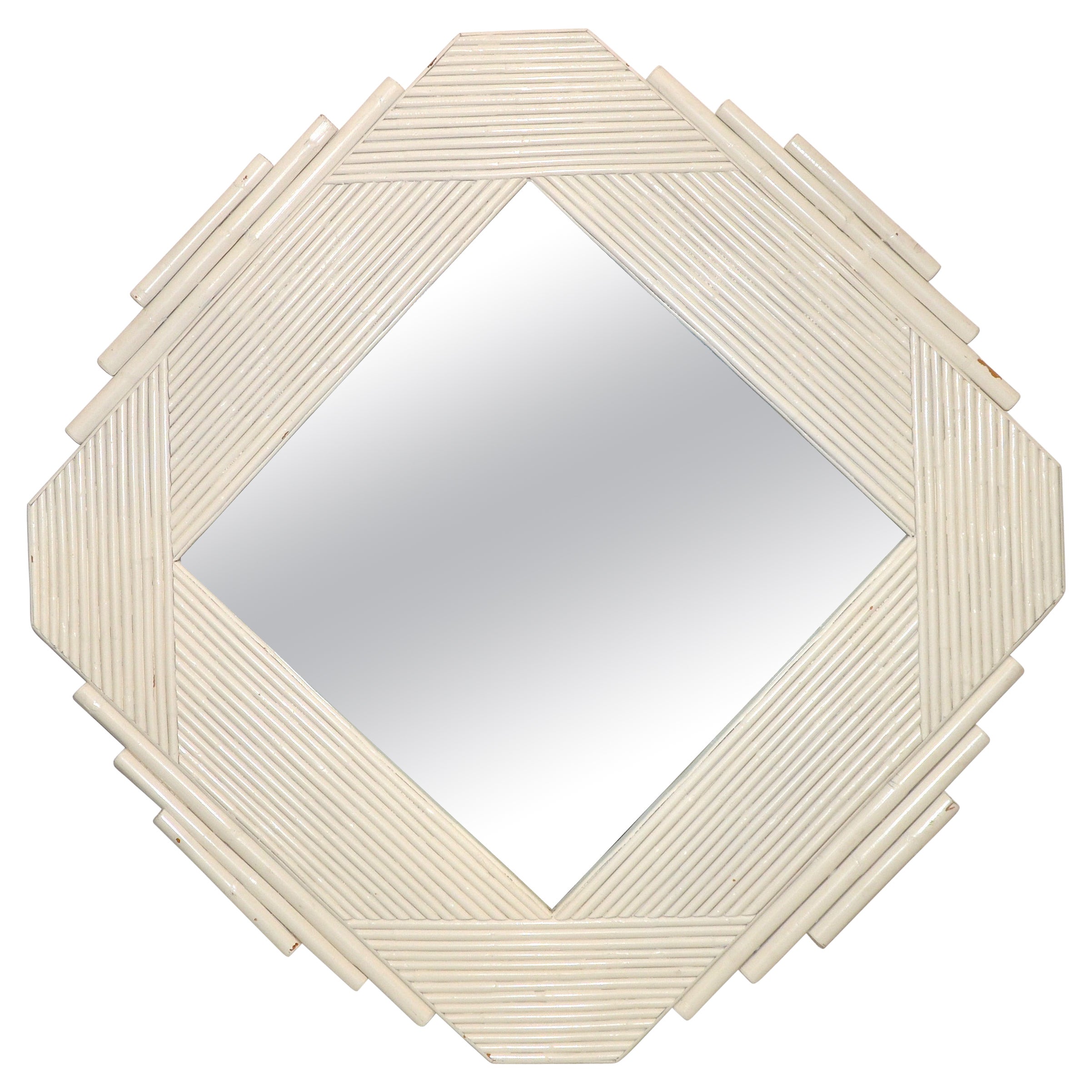 Coastal Bohemian White Bamboo & Wood Geometric Wall Mirror Mid-Century Modern   For Sale