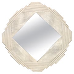 Coastal Bohemian White Bamboo & Wood Geometric Wall Mirror Mid-Century Modern  