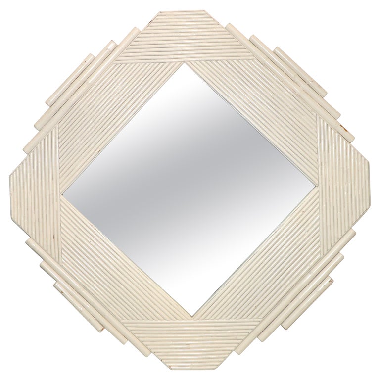 White Bamboo & Wood Geometric Wall Mirror Mid-Century Modern, 1970 For Sale