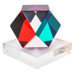 Haziza Signed Lucite Red, Purple, Green, Clear Polycon Sculpture on Lucite Base