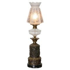 19th Century French Bronze Oil Table Lamp with Frosted Glass Shade