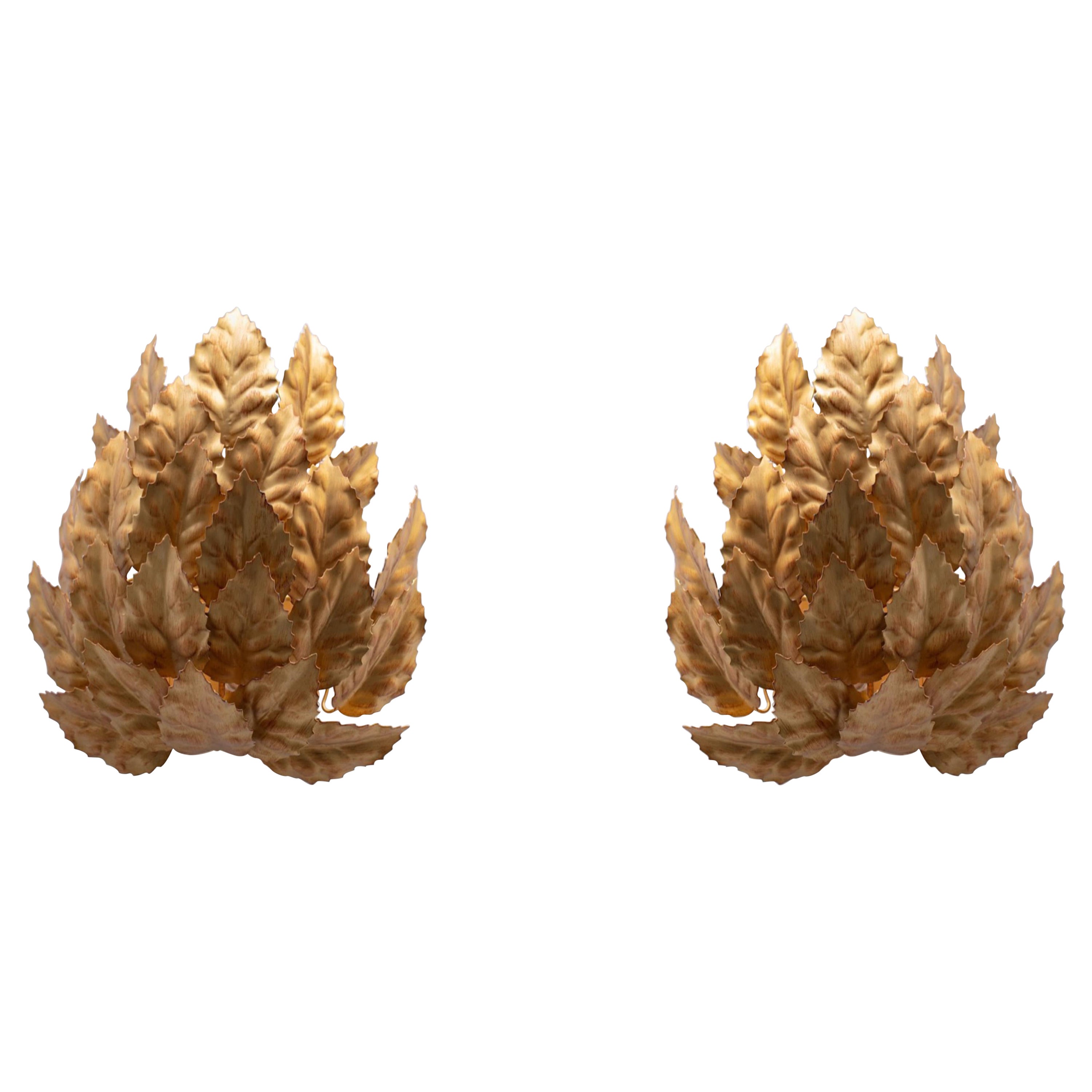 Pair of Hollywood Regency Gilt Holy Leaf Bouquet Themed Sconces, c. 1965 For Sale