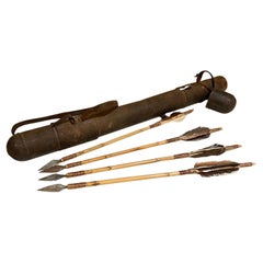 Antique  Archery Hunting Arrow Set Four Arrows Leather Quiver Case Collectible