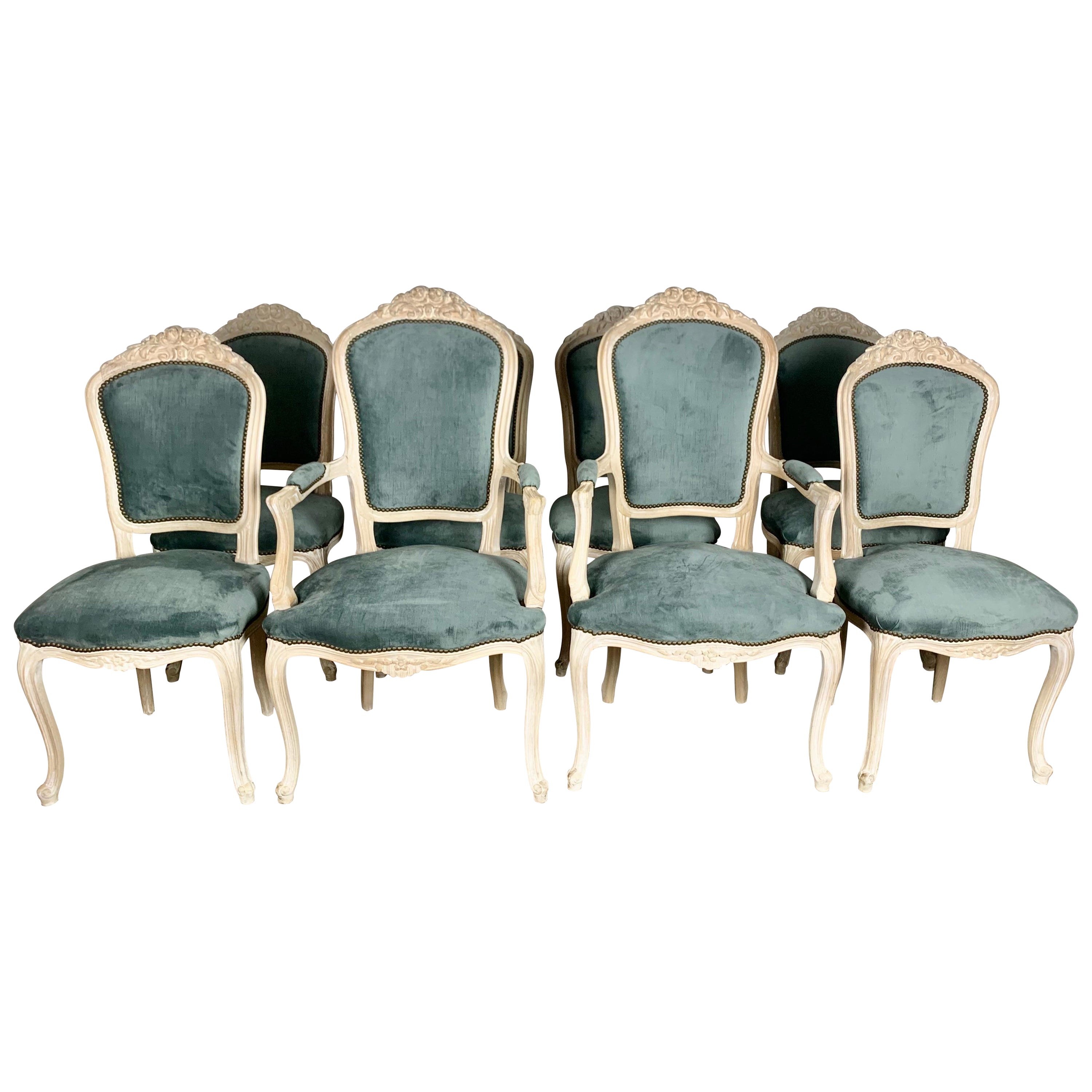 Set of '8' Louis XV Style Dining Chairs W/ Blue Velvet
