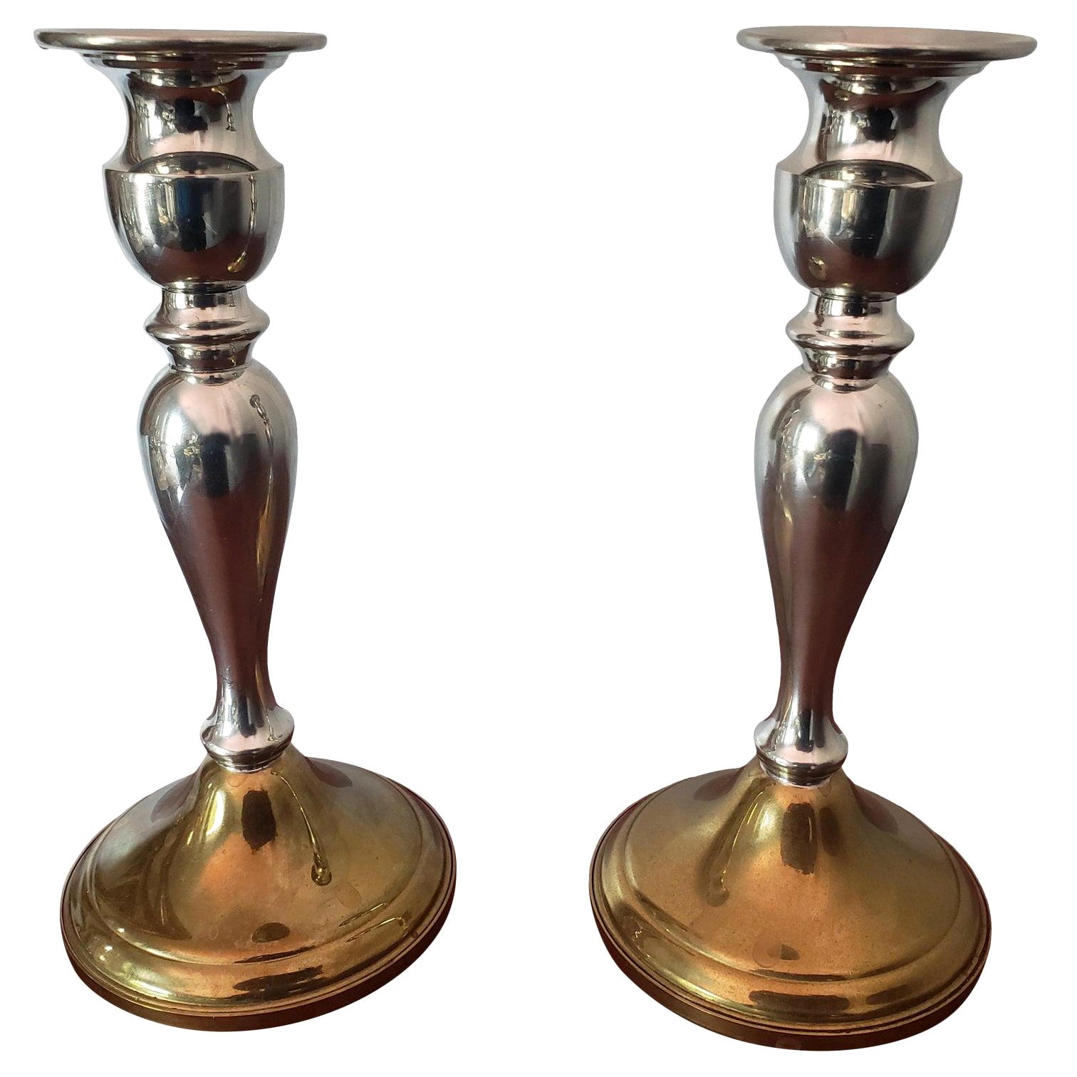 1960s Weighted Web Pewter Silver & Brass Candle Holders, a Pair