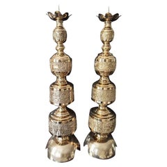 1970s Japanese Carved Brass Floor Candle Holders, a Pair