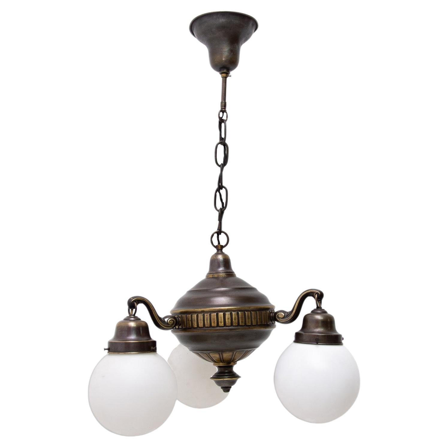 Historicizing Brass Three-Armed Chandelier, Turn of the 19th and 20th Century