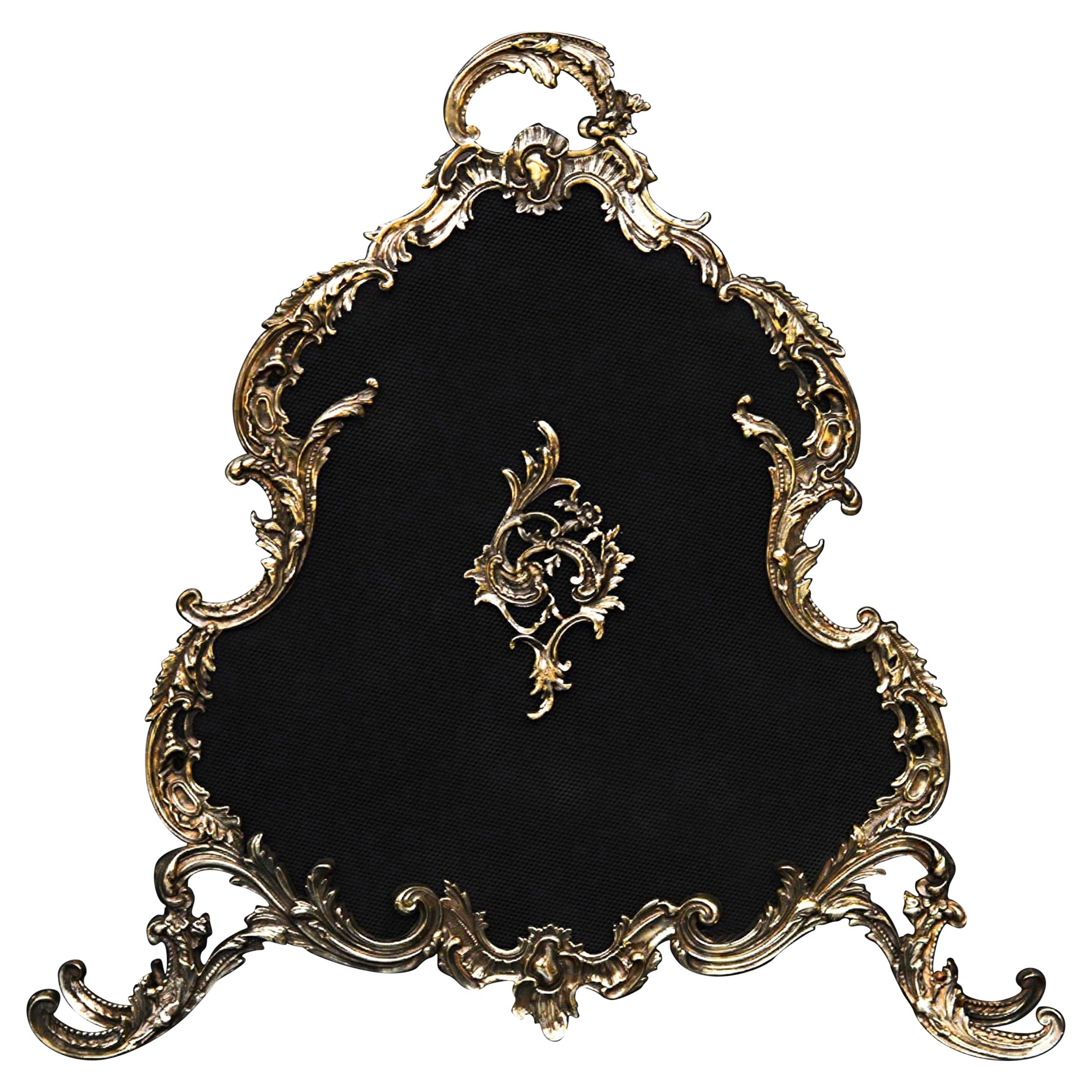 Französischer Kaminschirm aus Messing im Louis-XV-Stil mit Schnörkeln und Blattform