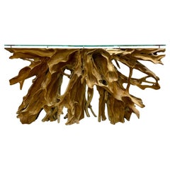 Modern Organic Teak Root Console / Sideboard with Safety Glass Top