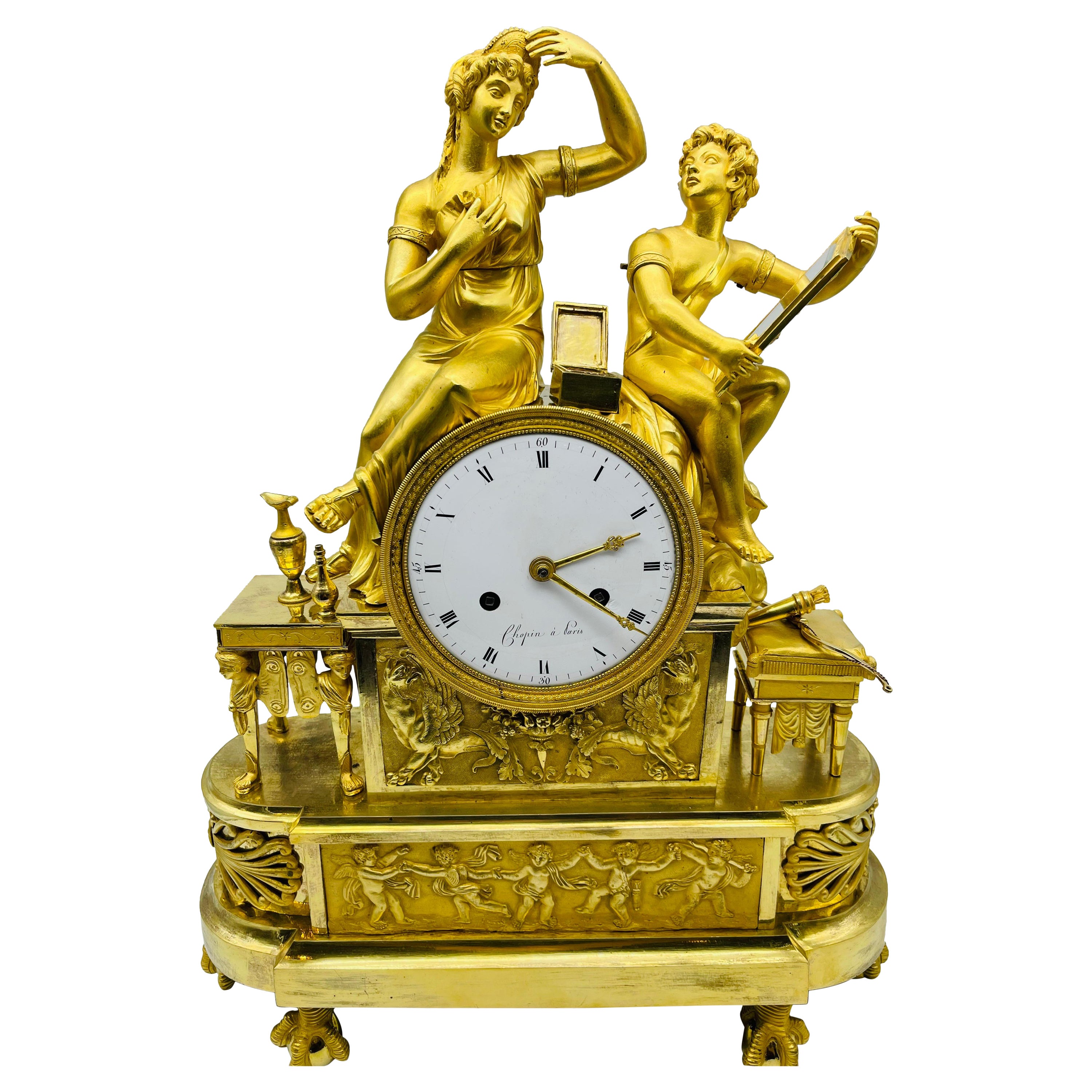 Royal Empire Mantel Clock / Pendulum Clock, Fire-Gilt, Around 1805-1815, Paris For Sale