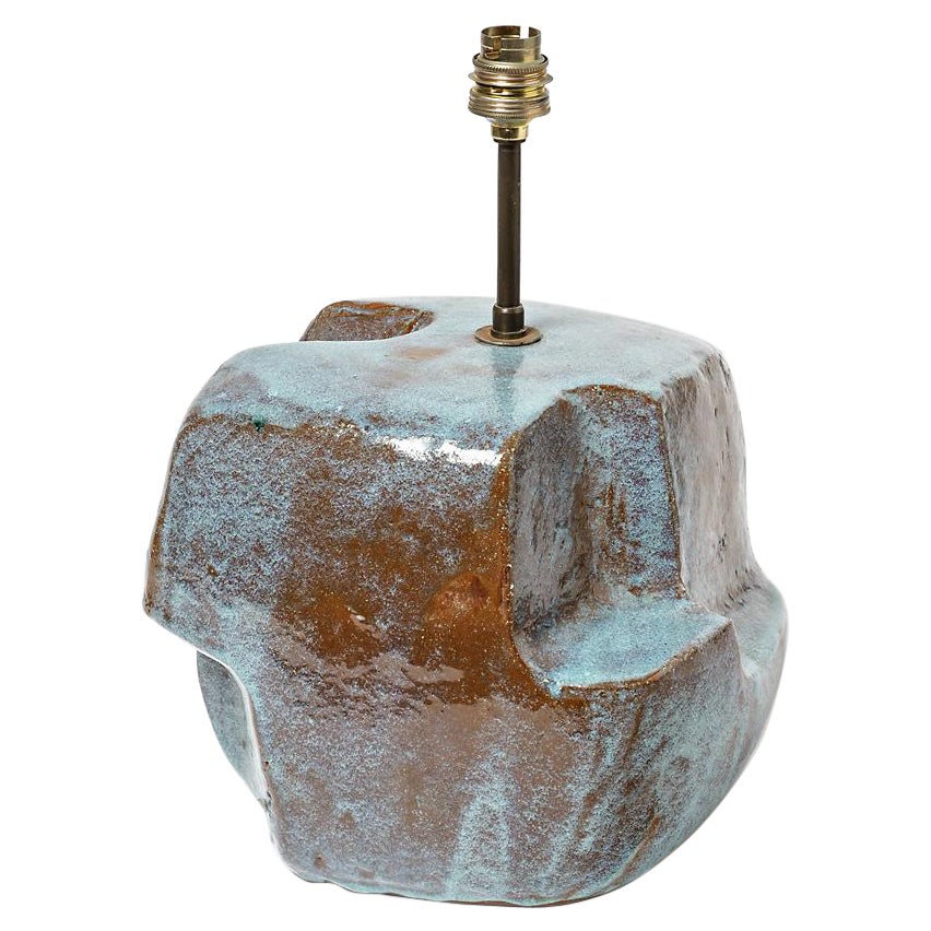 Blue Abstract Cubist Ceramic Table Lamp, circa 1950, Mid Century Signed For Sale