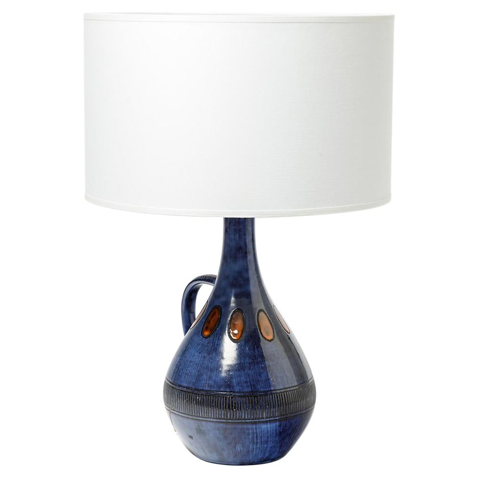 Lampe de table en céramique bleue et orange du XXe siècle par Guy Roland Marcy Vallauris