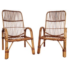 Pair of 60s Italian Bent Bamboo Rattan Bohemian French Riviera Lounge Armchairs