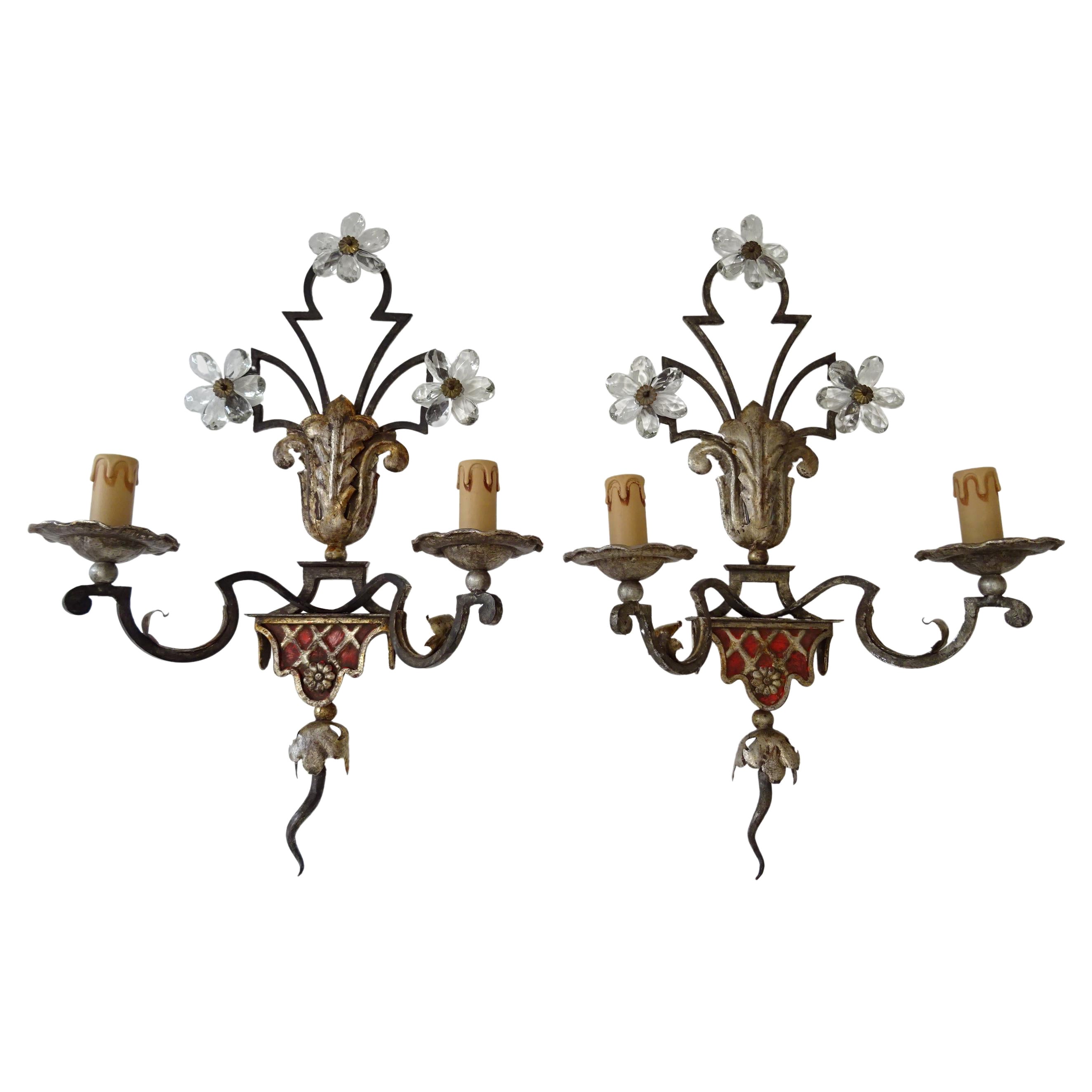 Maison Baguès Red Signed Crystal Flowers Sconces, Wrought Iron, circa 1900
