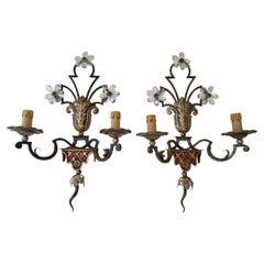 Maison Baguès Red Signed Crystal Flowers Sconces, Wrought Iron, circa 1900