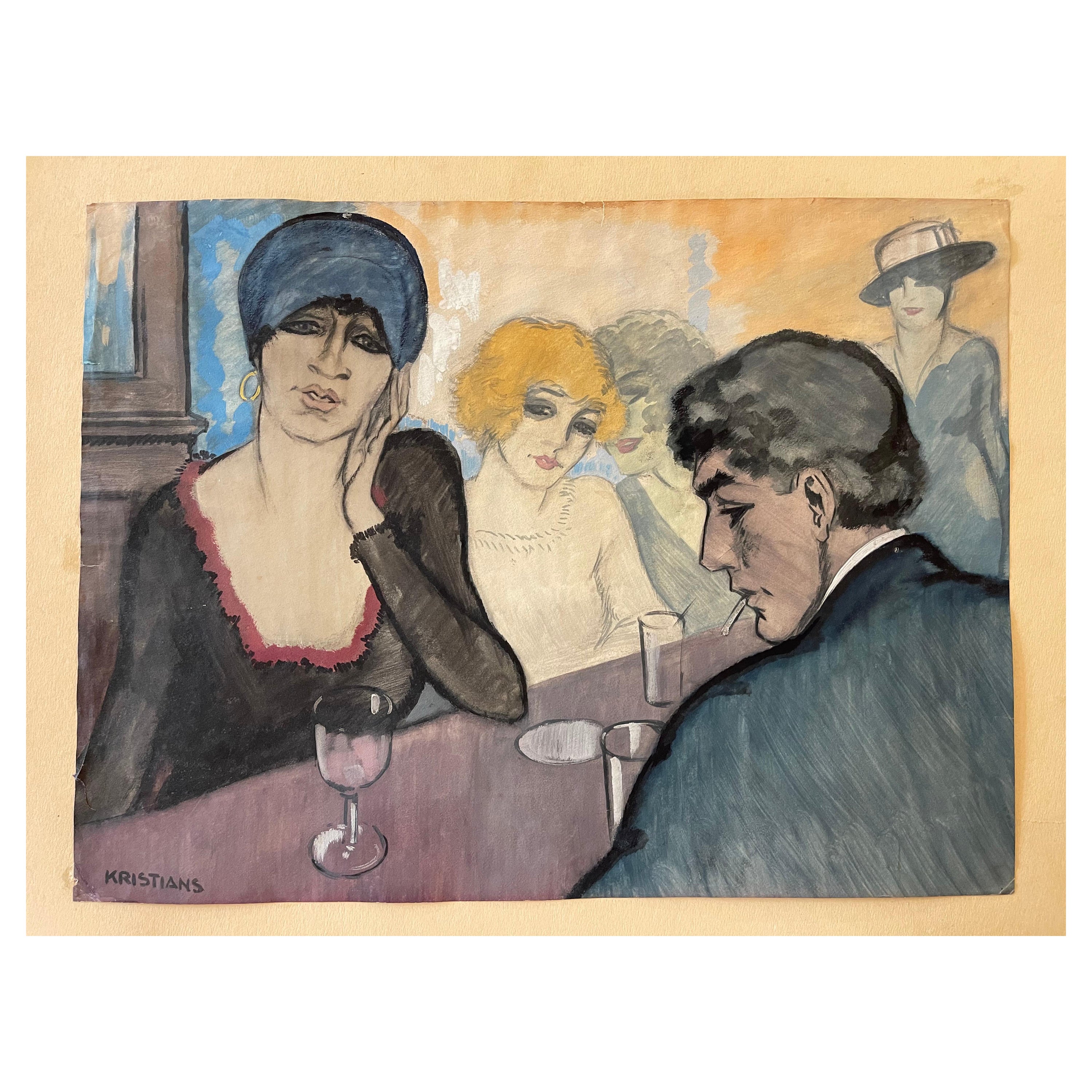 "At the Bar", Watercolor on Paper by A. J. Kristians, France, Art Déco, 1920's For Sale