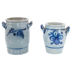 Antique Belgian Country Blue and White Ceramic Pots, Set of Two