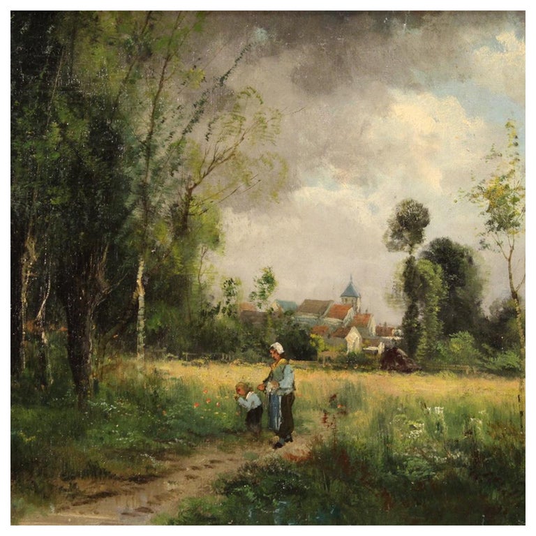 19th Century Oil on Canvas French Antique Signed Landscape Painting, 1890 For Sale