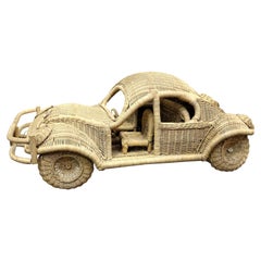 Vintage 60s Beetle Car Rattan Sculture, Toy , Italy