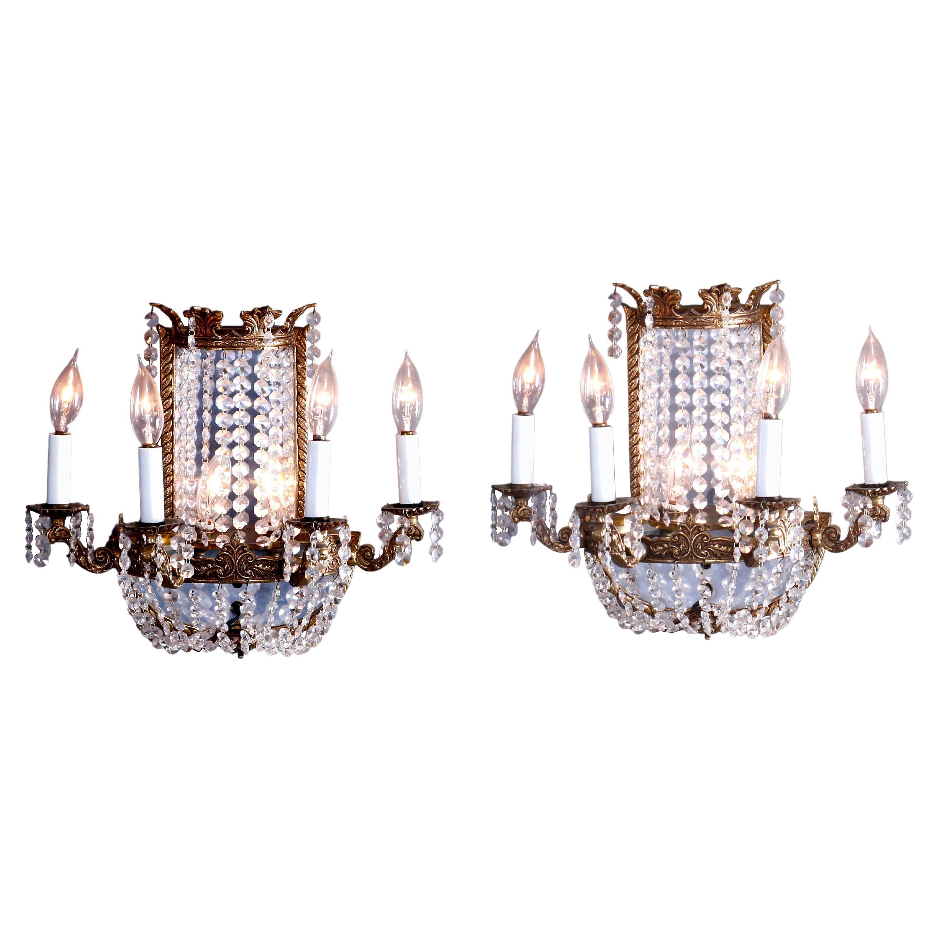 French Style Gilt Bronze & Crystal Four-Light & Mirrored Wall Sconces, 20th C