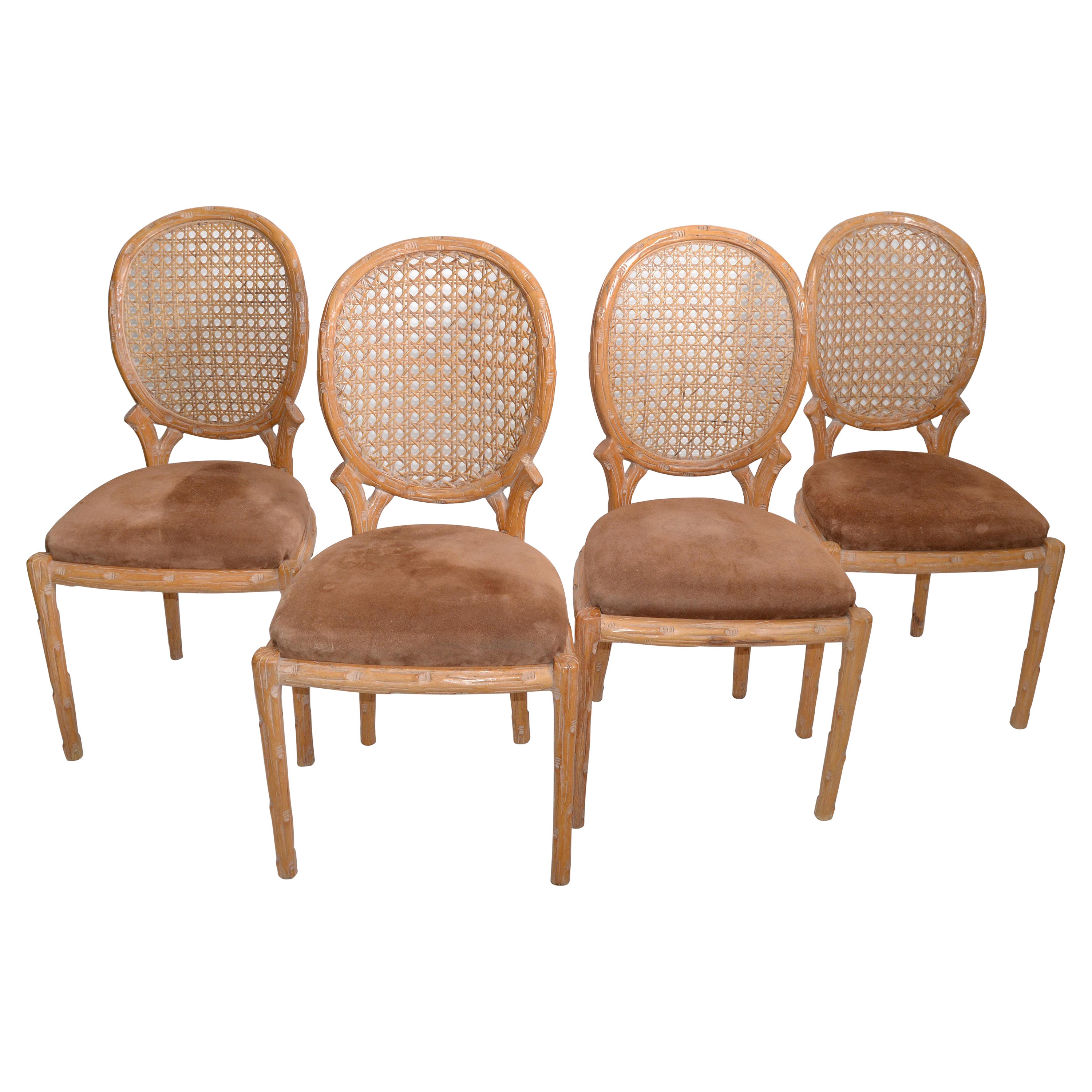 Set of 4 Fratelli Boffi Milano Wood & Cane Dining Chairs Mid-Century Modern 1970