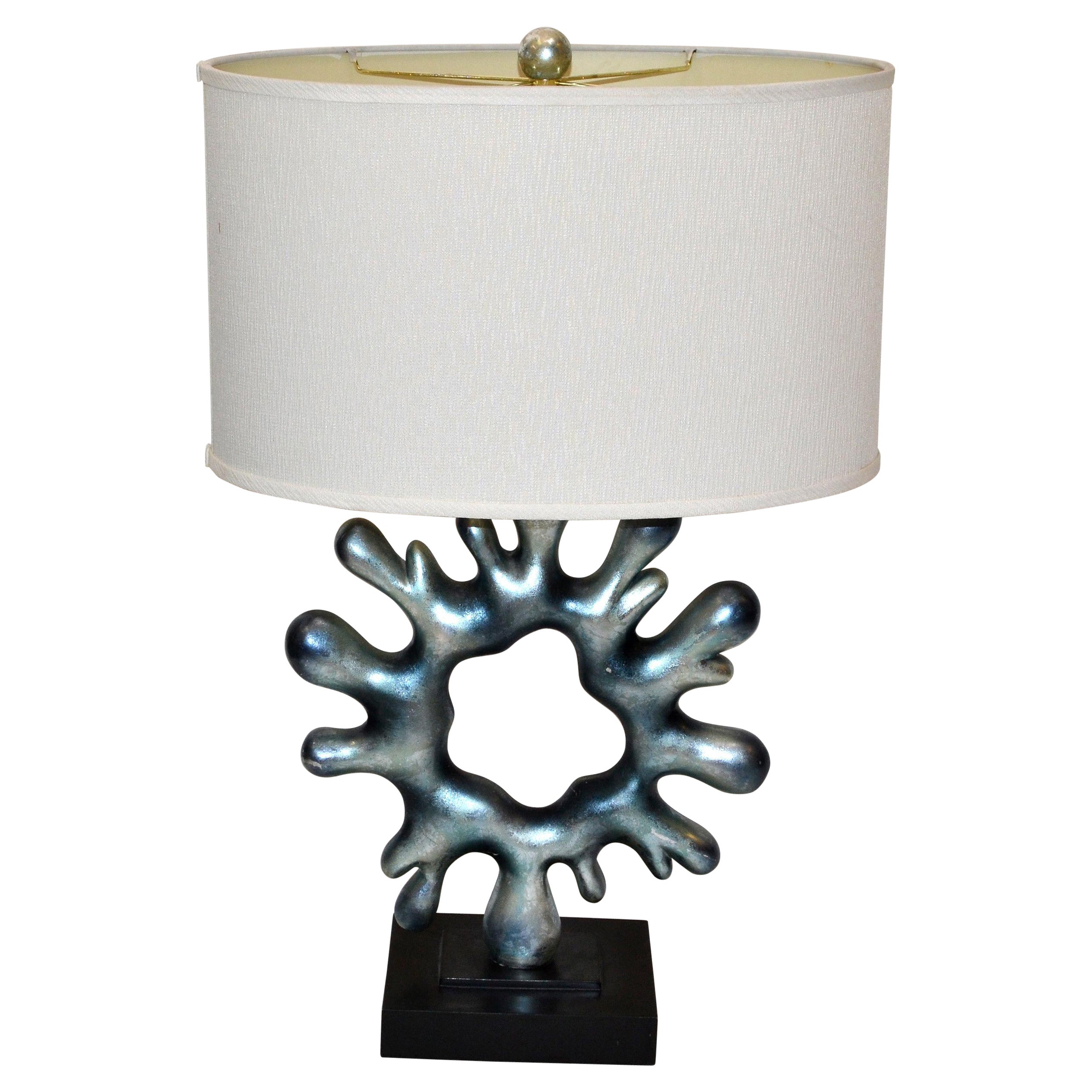 Vintage Ice Blue Resin Biomorphic Shape Abstract Art Table Lamp & Oval Shade 70s