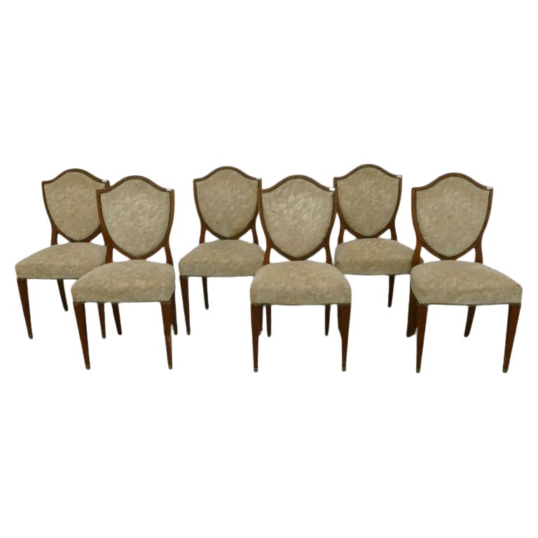 Set of 6 Art Deco Walnut Chairs, Brass Foot Clogs For Sale