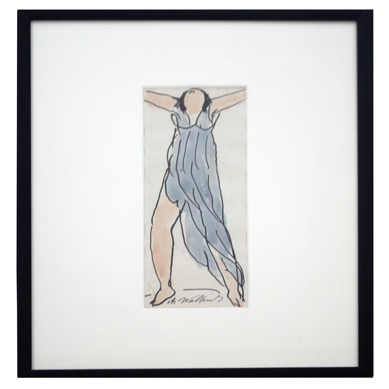 Modern Framed Abraham Walkowitz Blue Dress Small Ink Watercolor Drawing Painting