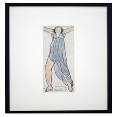 Modern Framed Abraham Walkowitz Blue Dress Small Ink Watercolor Drawing Painting