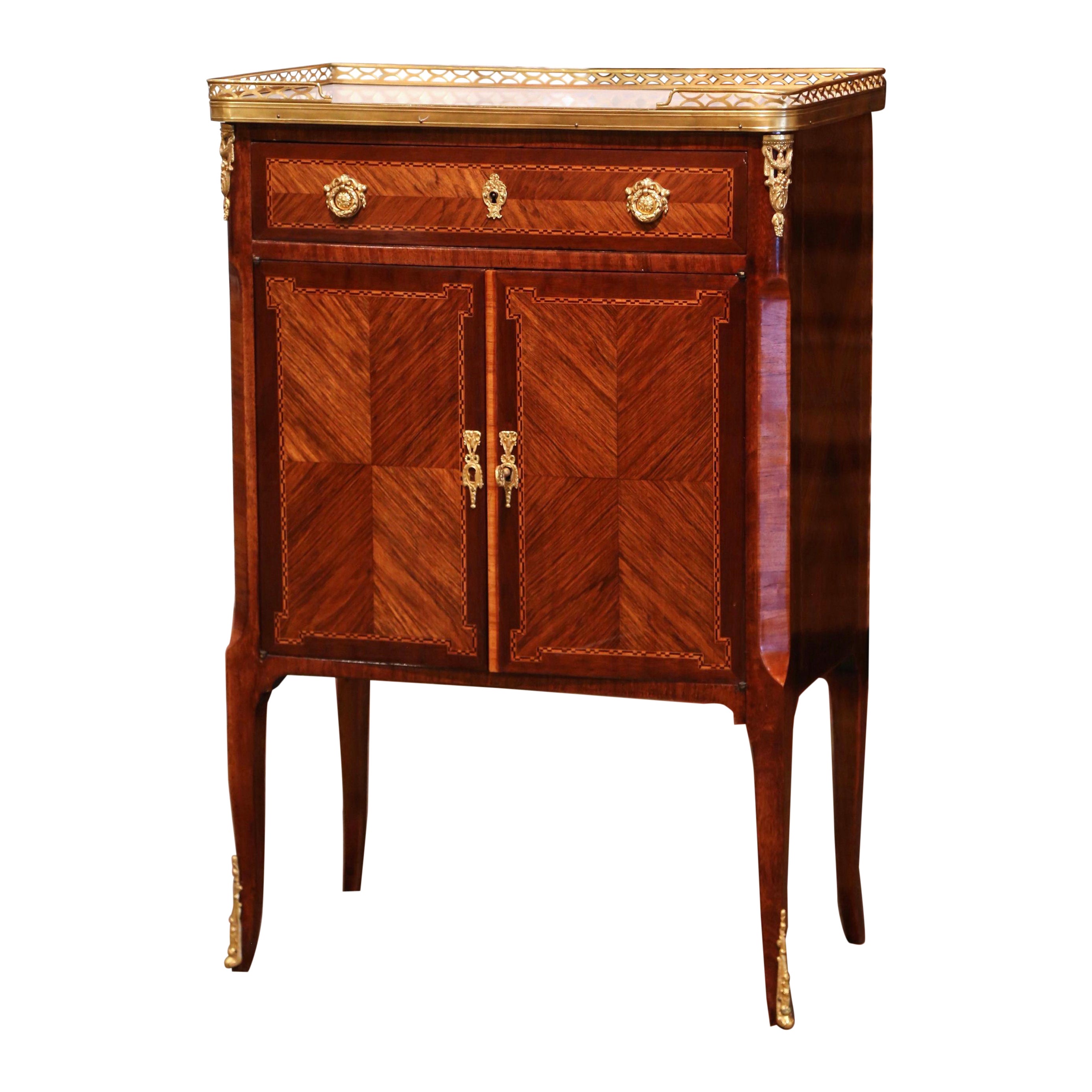 Early 20th Century French Louis XV Marquetry Rosewood Cabinet with Marble Top