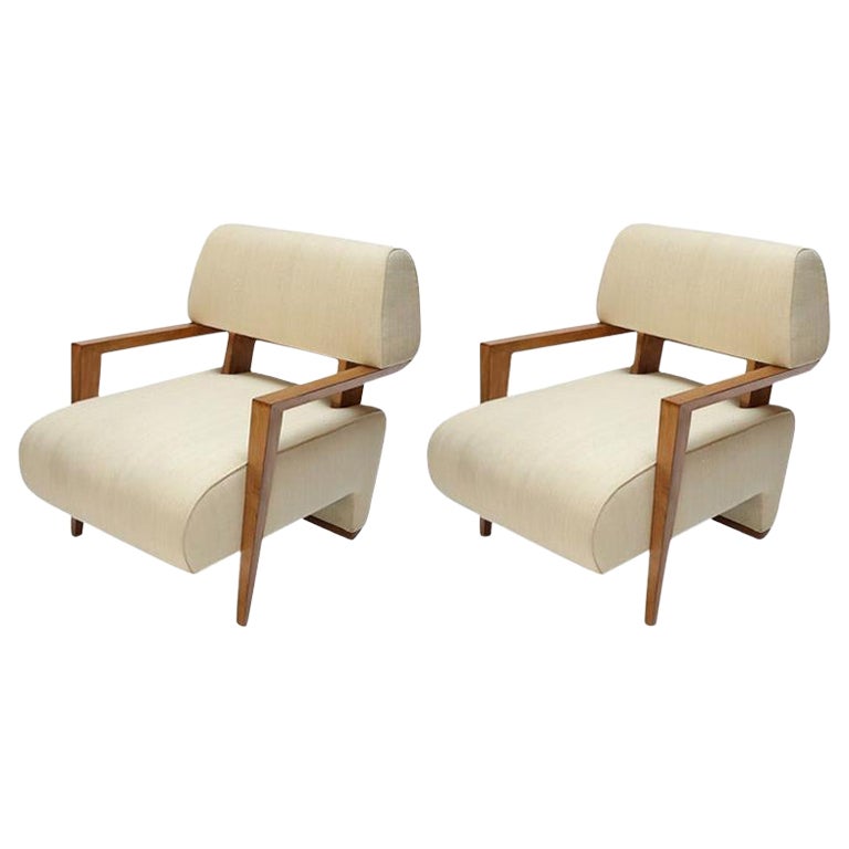 Pair of 1950s Art Deco French Armchairs in Ivory Raw Silk
