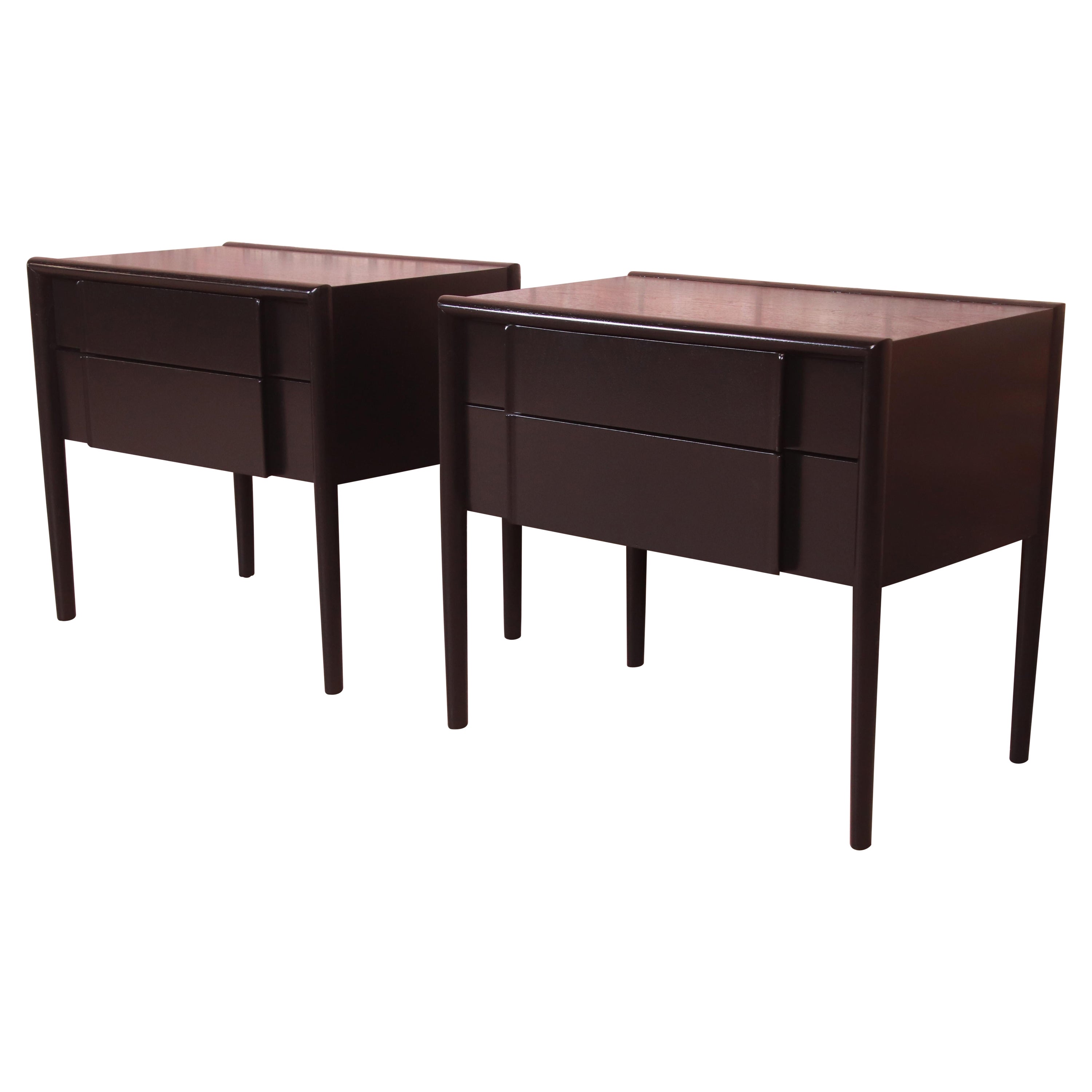 Barney Flagg for Drexel Parallel Black Lacquered Nightstands, Newly Refinished